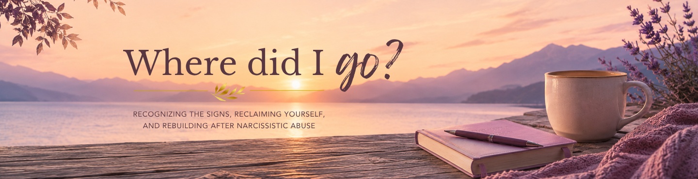 Soft pastel banner image for the “Where Did I Go?” blog featuring a peaceful lakeside sunrise, lavender tones, a coffee mug, and the tagline about reclaim