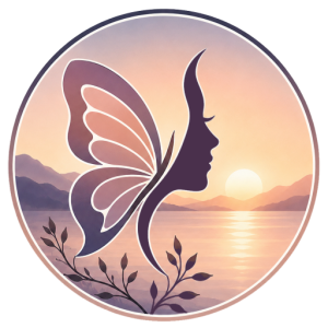 Pastel butterfly woman logo for the “Where Did I Go?” blog featuring a feminine silhouette, butterfly wings, and a peaceful lakeside sunset in lavender and blush tones.